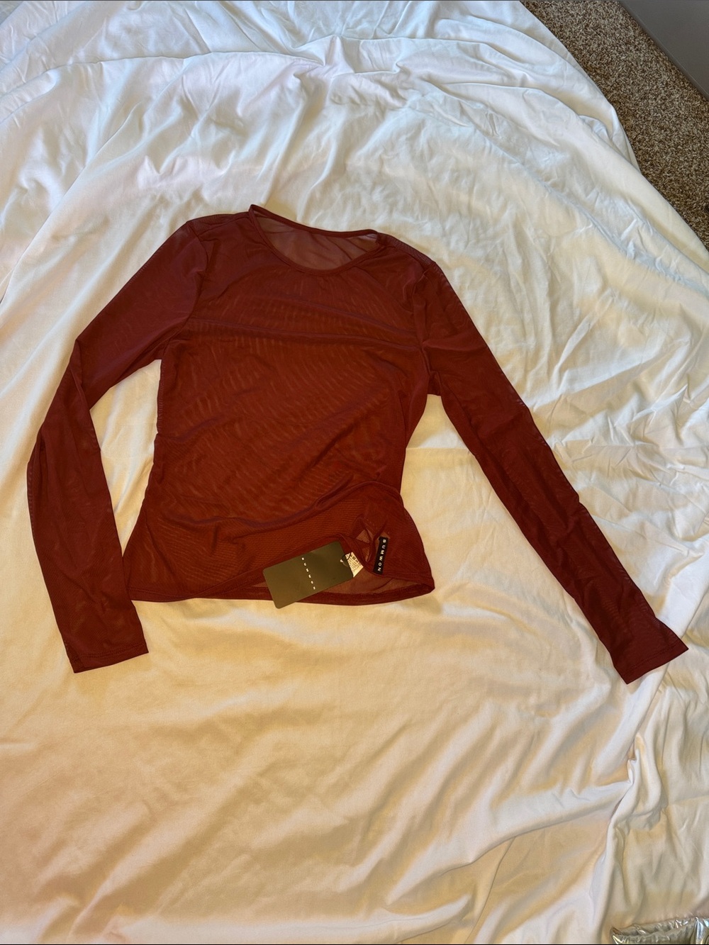 Long Sleeve Sheer Crewneck Top - Burgundy